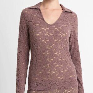 Vince Lace Long-Sleeve Polo Top Smoky Berry S NWT $298